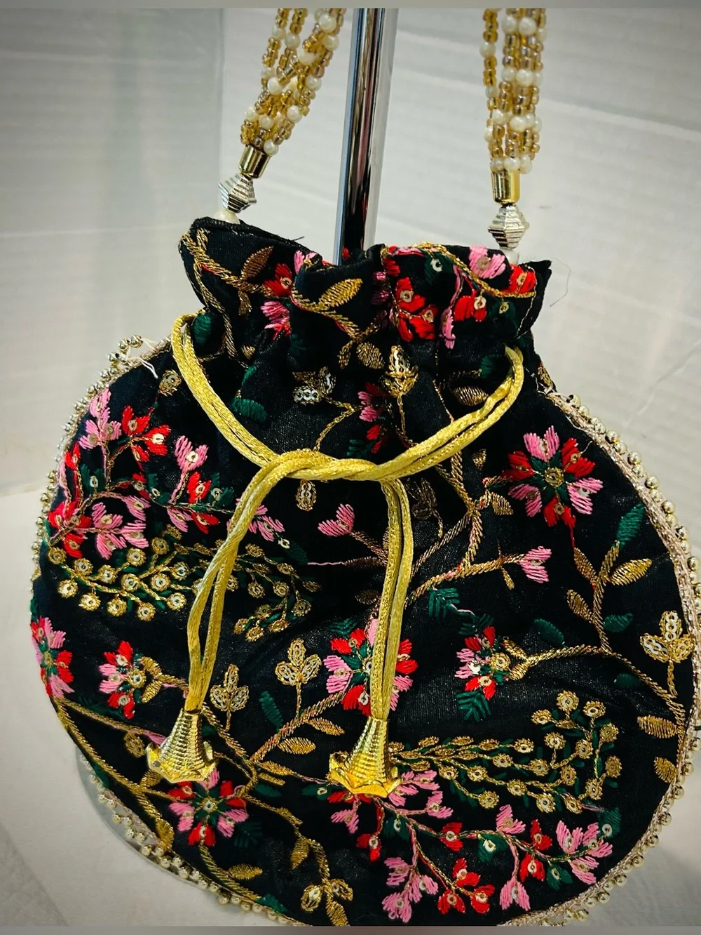 Embroidered Black Floral Design Beaded Potli Bag Prom Wedding Guest Purse